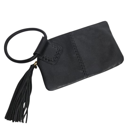 HOBO Sable Wristlet Clutch Black Leather Bracelet Ring Circular Handle Tassel - Picture 2 of 14